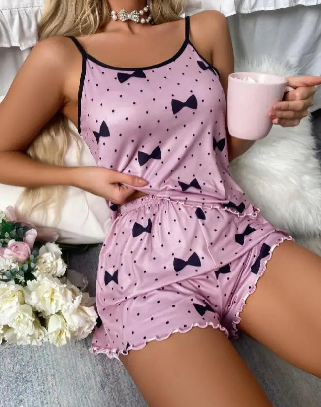 Women's Pajama Set Pajamas T-Shirts Shorts Pink Heart-Shaped Print Round Neck T-Shirt Ice Silk Top Comfortable Casual Summer 