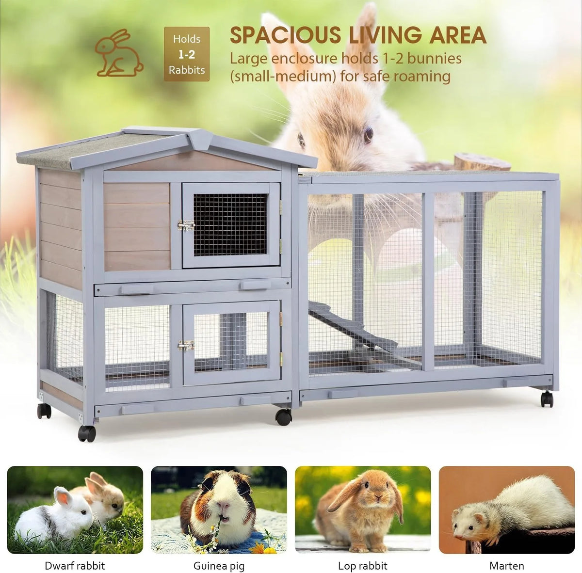 Jaula de madera para conejos, gallinero de dos pisos, jaula para conejos, jaula para cobayas para exteriores e interiores, techo impermeable, Bu