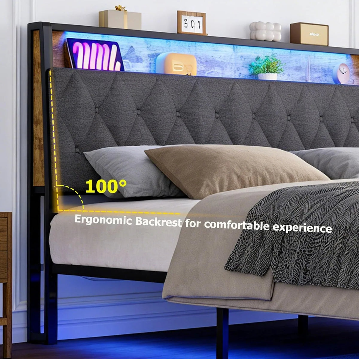 Base de cama tamaño queen con cabecera de almacenamiento y estación de carga, base de cama tapizada tamaño queen con luces LED, cama tipo plataforma