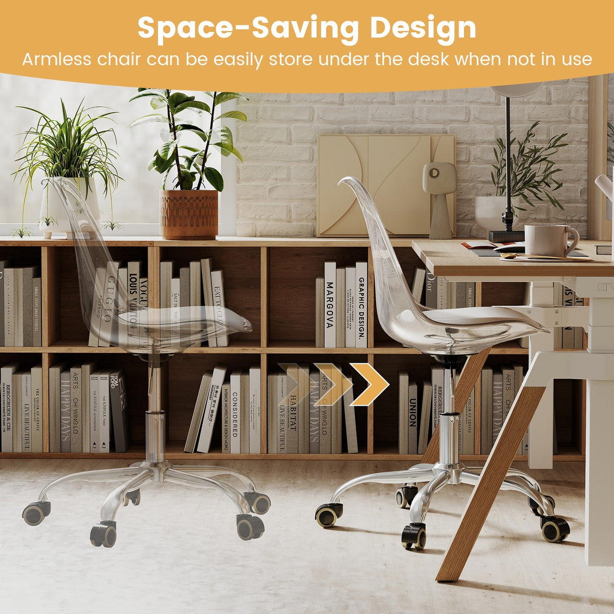 Armless Rolling Office Chair with Swivel Seat and PU Leather Cushion-Clear