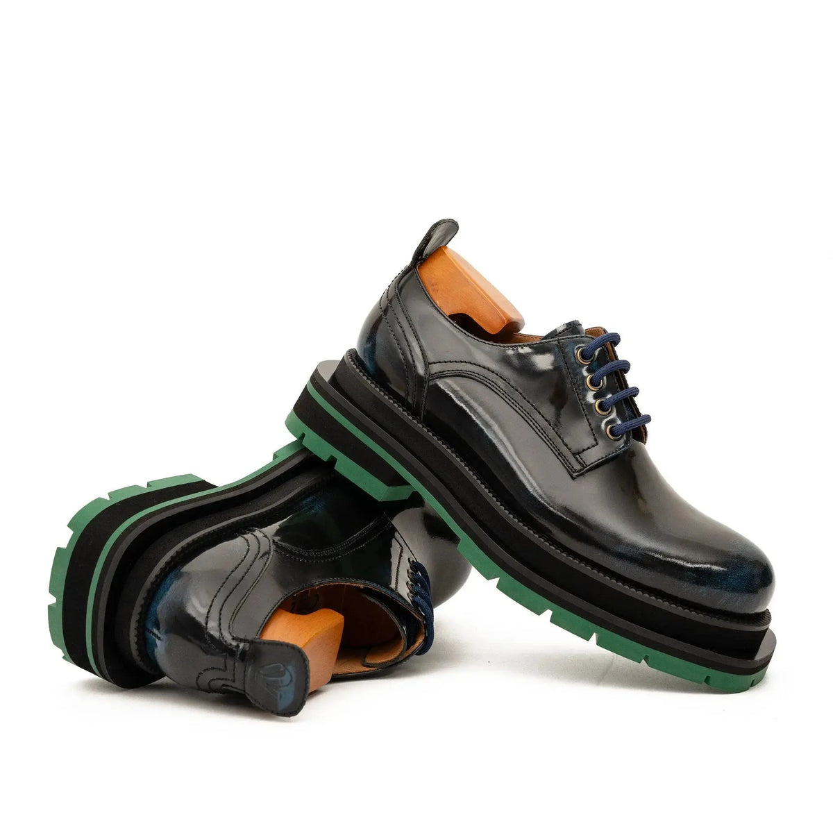 Blue Plain-Toe Calf Leather Derby Shoes