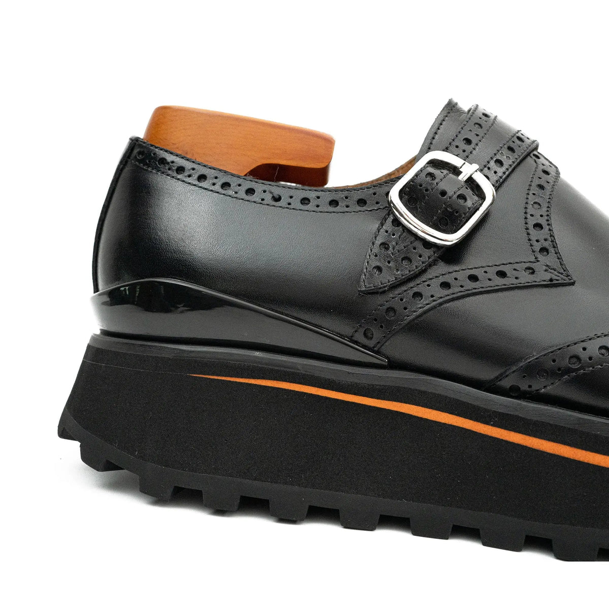 Black Wingtip Single-Monk Shoes with Orange Sole Trim