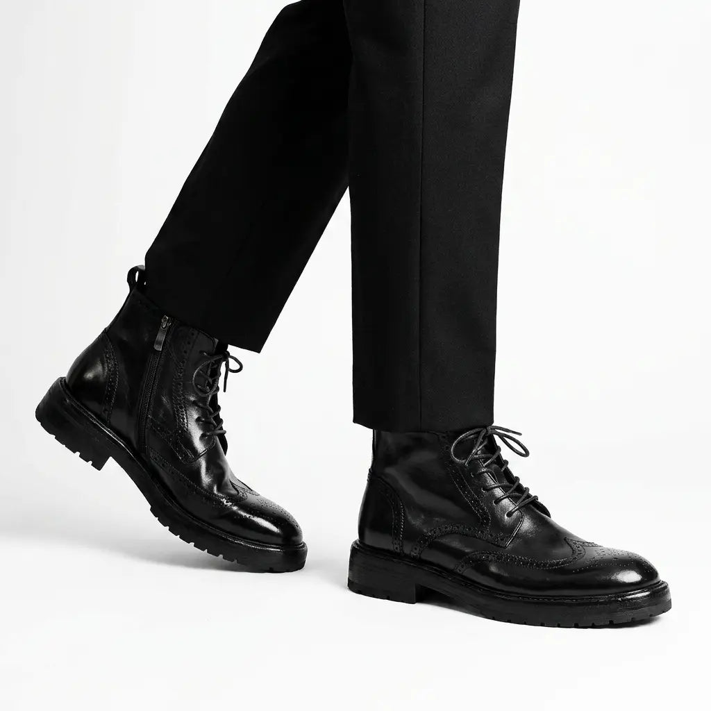 Black Wingtip Cow Leather Ankle Boots