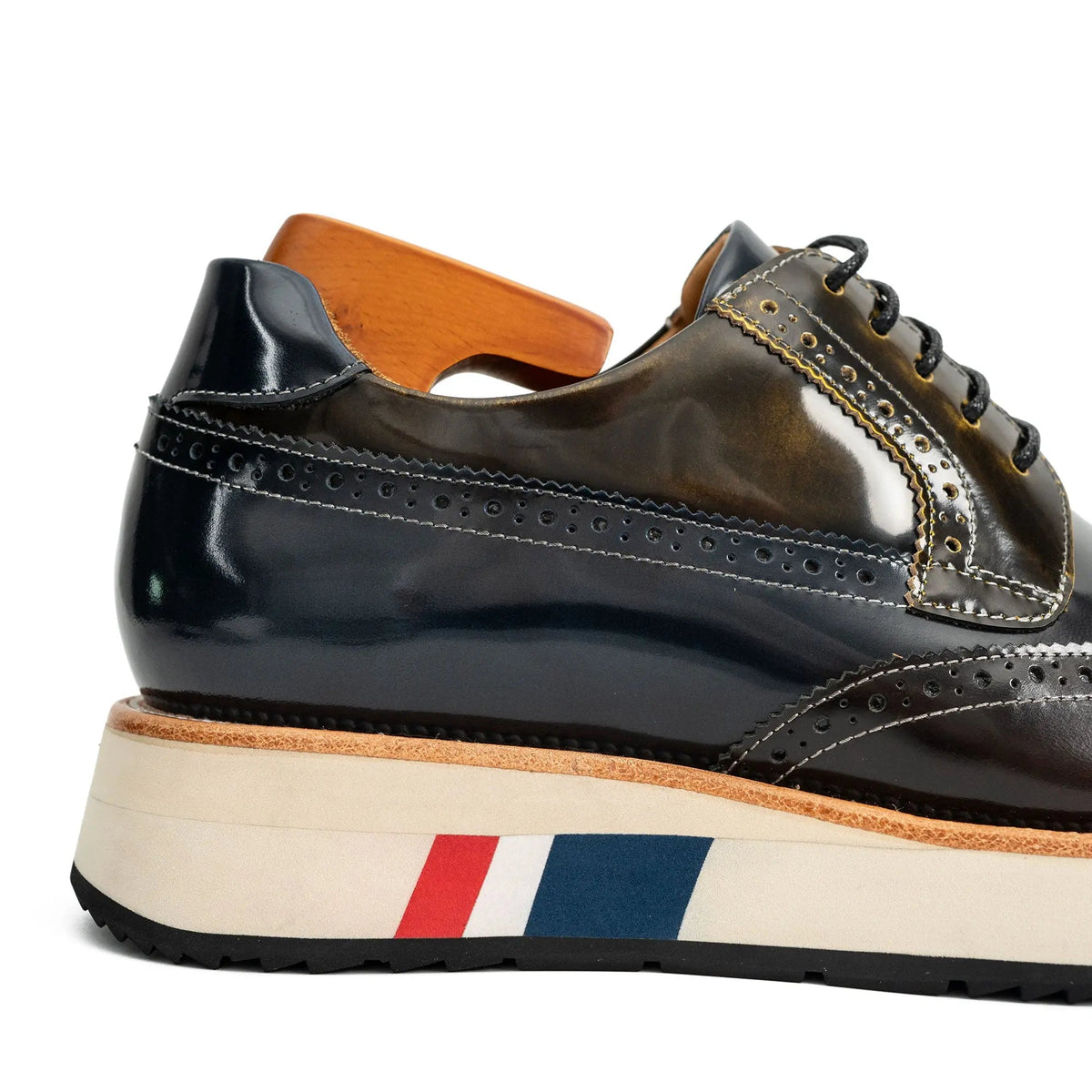 Brown and Black Wingtip Derby Shoes with Striped Sole