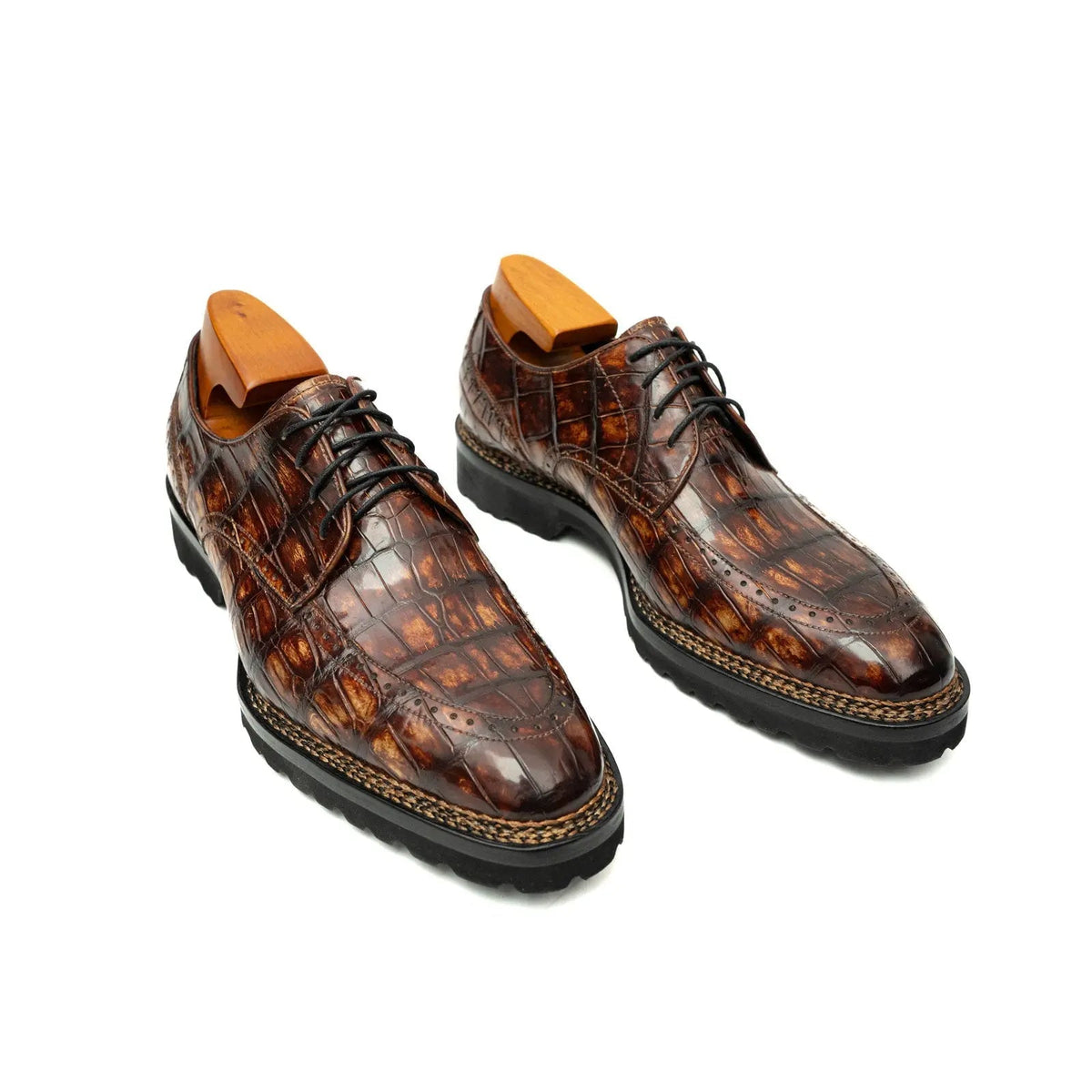 Brown Apron-Toe Crocodile Leather Derby Shoes