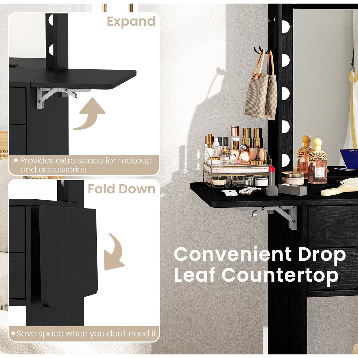 Compact Vanity Desk Set with 3-Color Lighted Mirror and Power Outlets