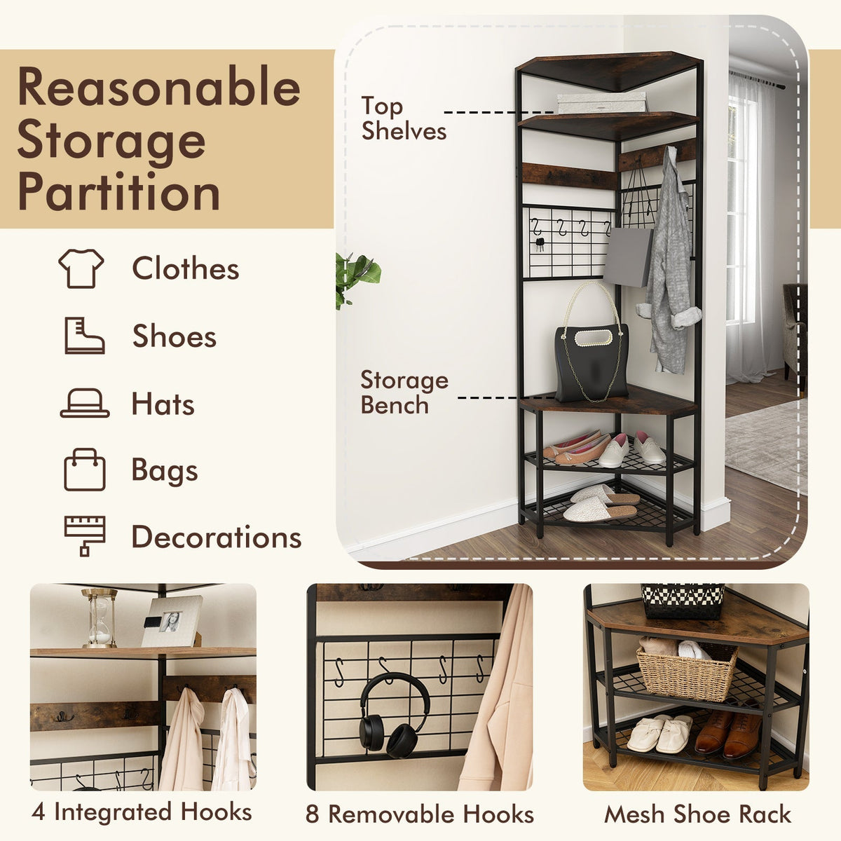 5-Tier Corner Hall Tree with Shoe Storage Bench