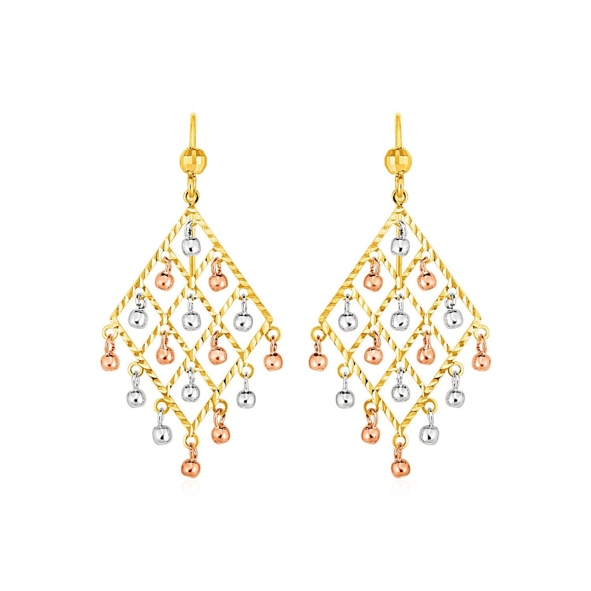 Textured Chandelier Earrings with Ball Drops in 14k Tri Color Gold