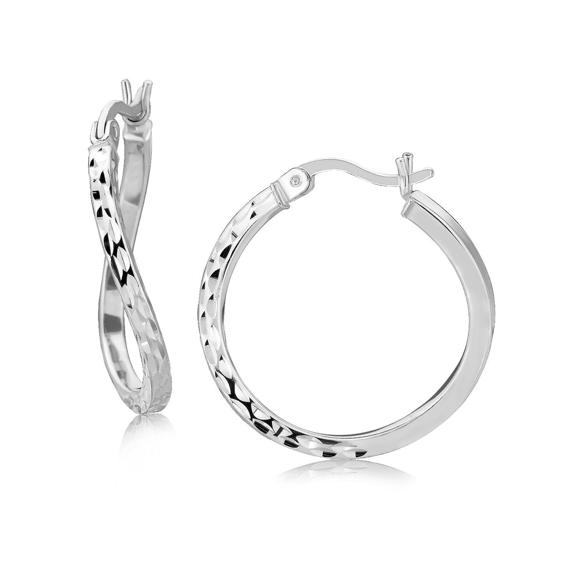 Pendientes de aro estilo twist con baño de rodio de plata de ley, corte diamante (2x20mm)