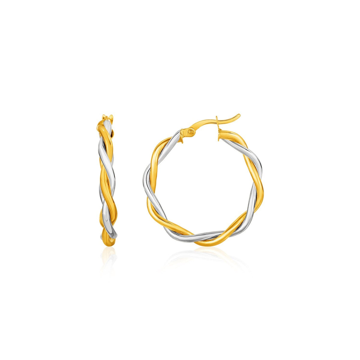 Arracadas redondas de hilo trenzado bicolor en oro amarillo y blanco de 10 quilates (3x15mm)