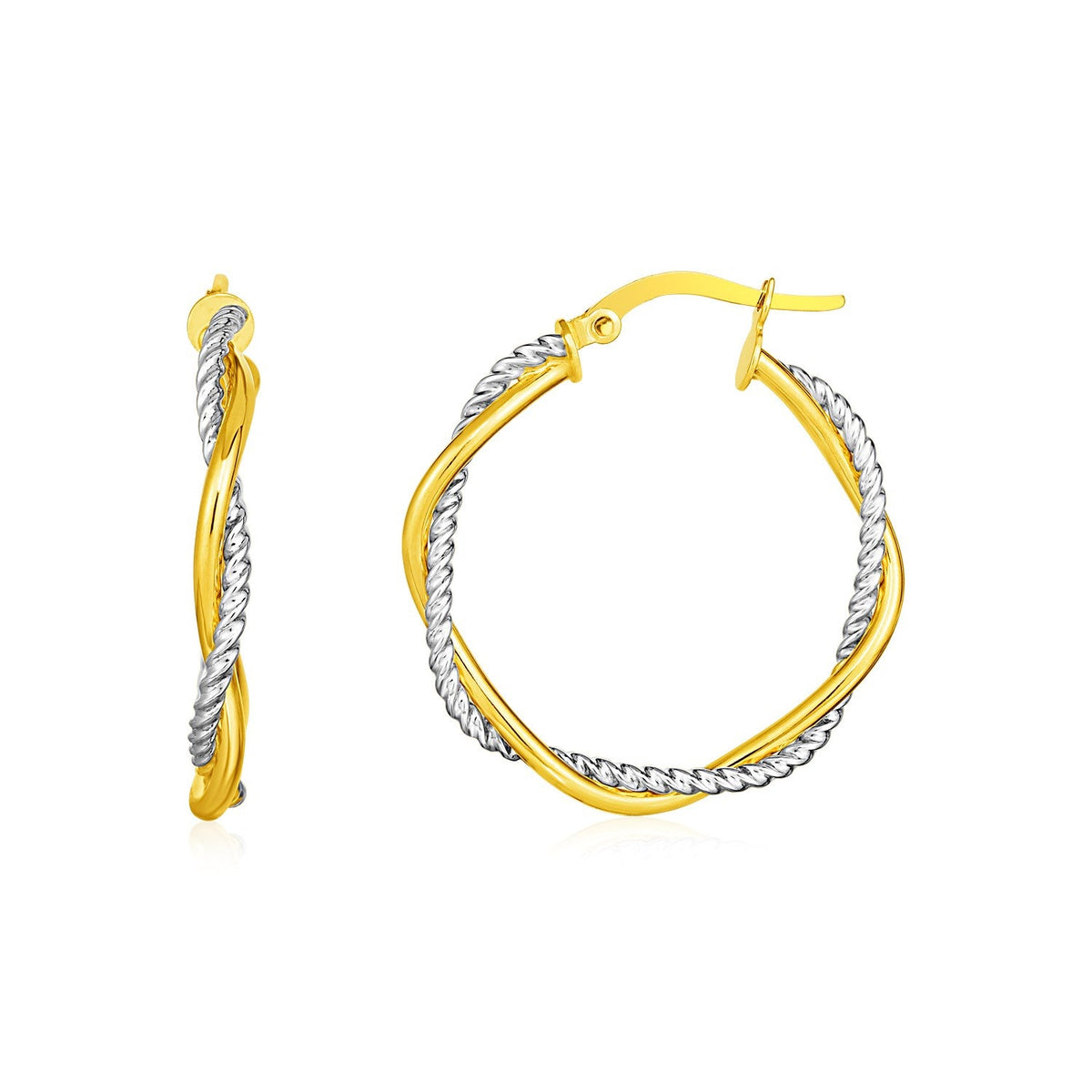 Pendientes de aro redondos trenzados con textura en dos partes, de oro amarillo y blanco de 14 quilates (3x23 mm)