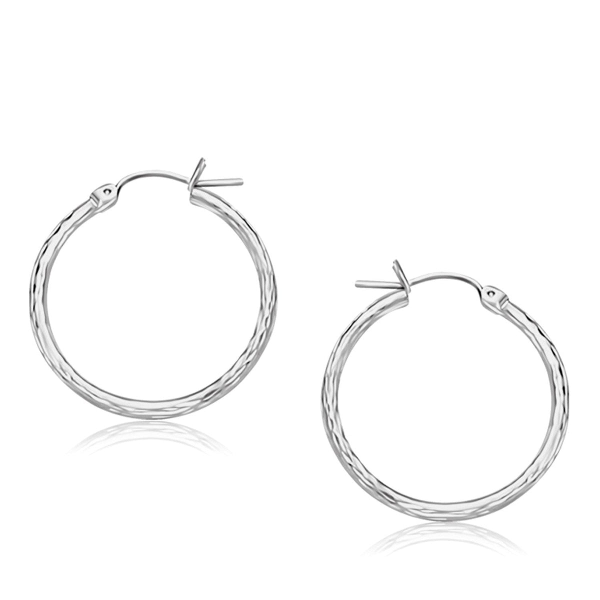 14k White Gold Diamond Cut Hoop Earrings (2x25mm)