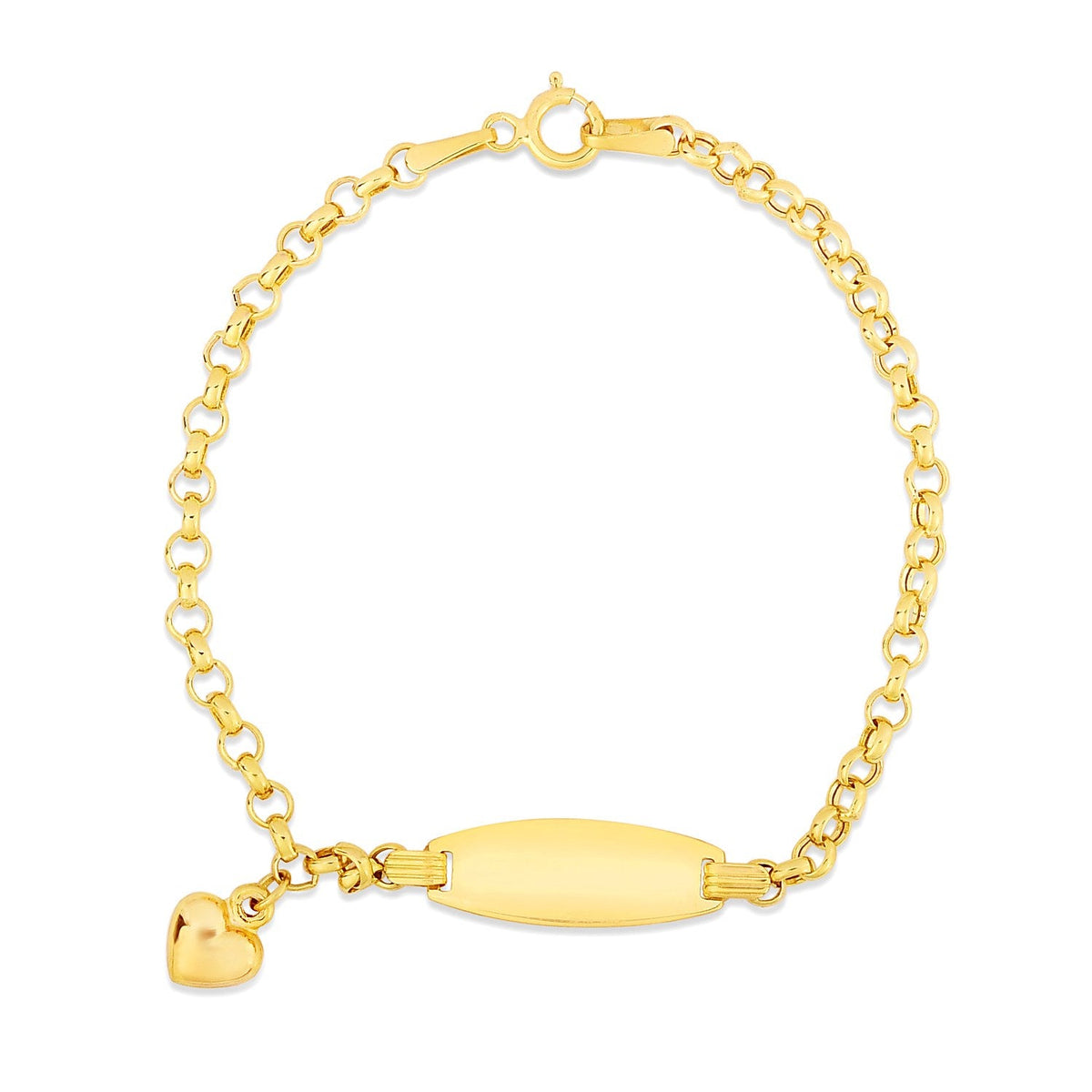 Pulsera de identificación para niños con cadena tipo cable y detalles de corazón en oro amarillo de 14 quilates (6.35 mm)