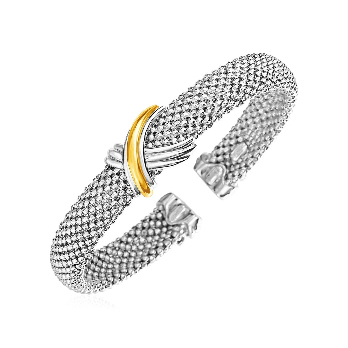 Brazalete rígido de textura tipo palomita con motivo de X en plata de ley y oro amarillo de 18 quilates (10.00 mm)