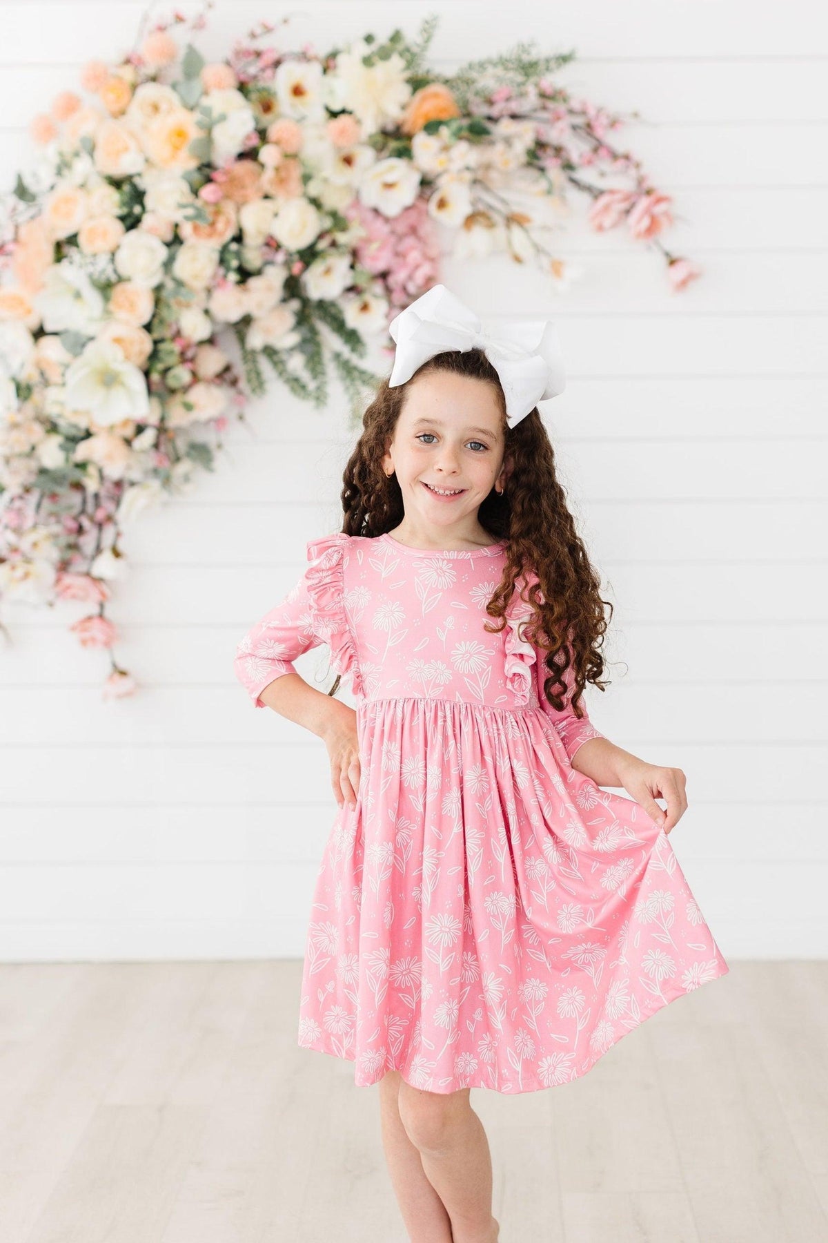 Dahlia Doodles 3/4 Sleeve Ruffle Twirl Dress