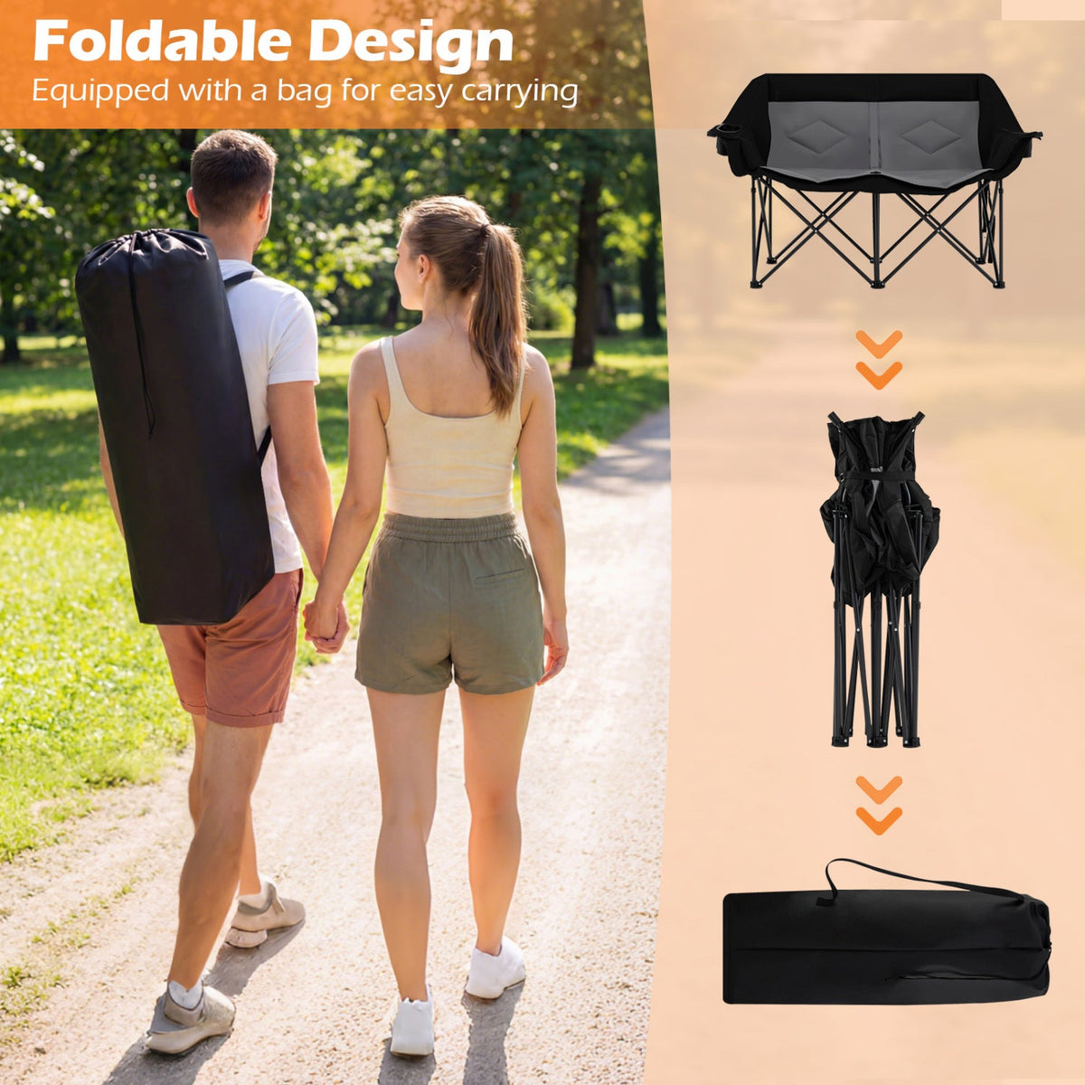 Silla de camping doble con portavasos, soportes para copas y bolsillos de malla