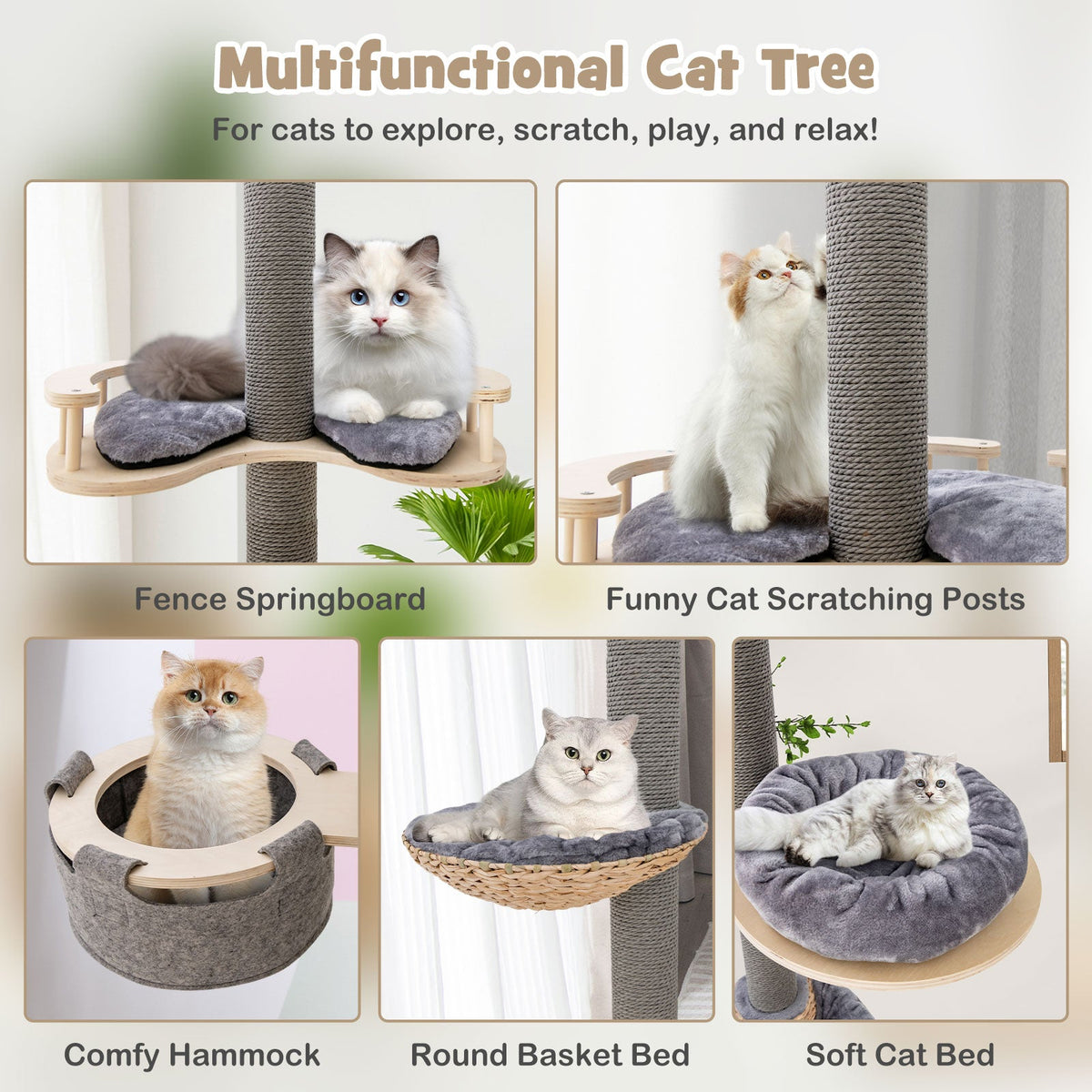 Floor to Ceiling Cat Tree with 93 Inch-107 Inch Adjustable Height-Gray