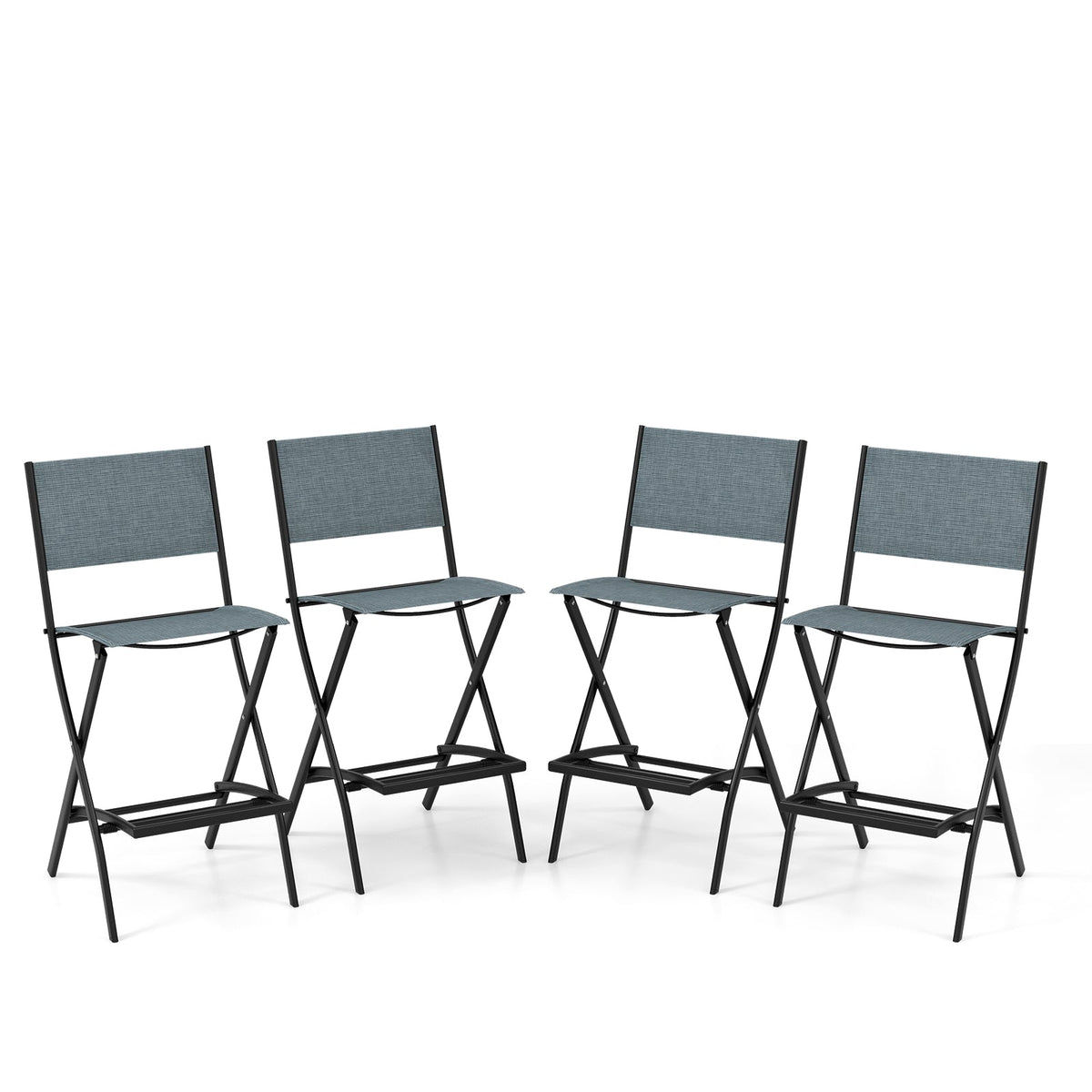 Juego de 4 taburetes plegables de altura de barra para exteriores con estructura de metal y reposapiés