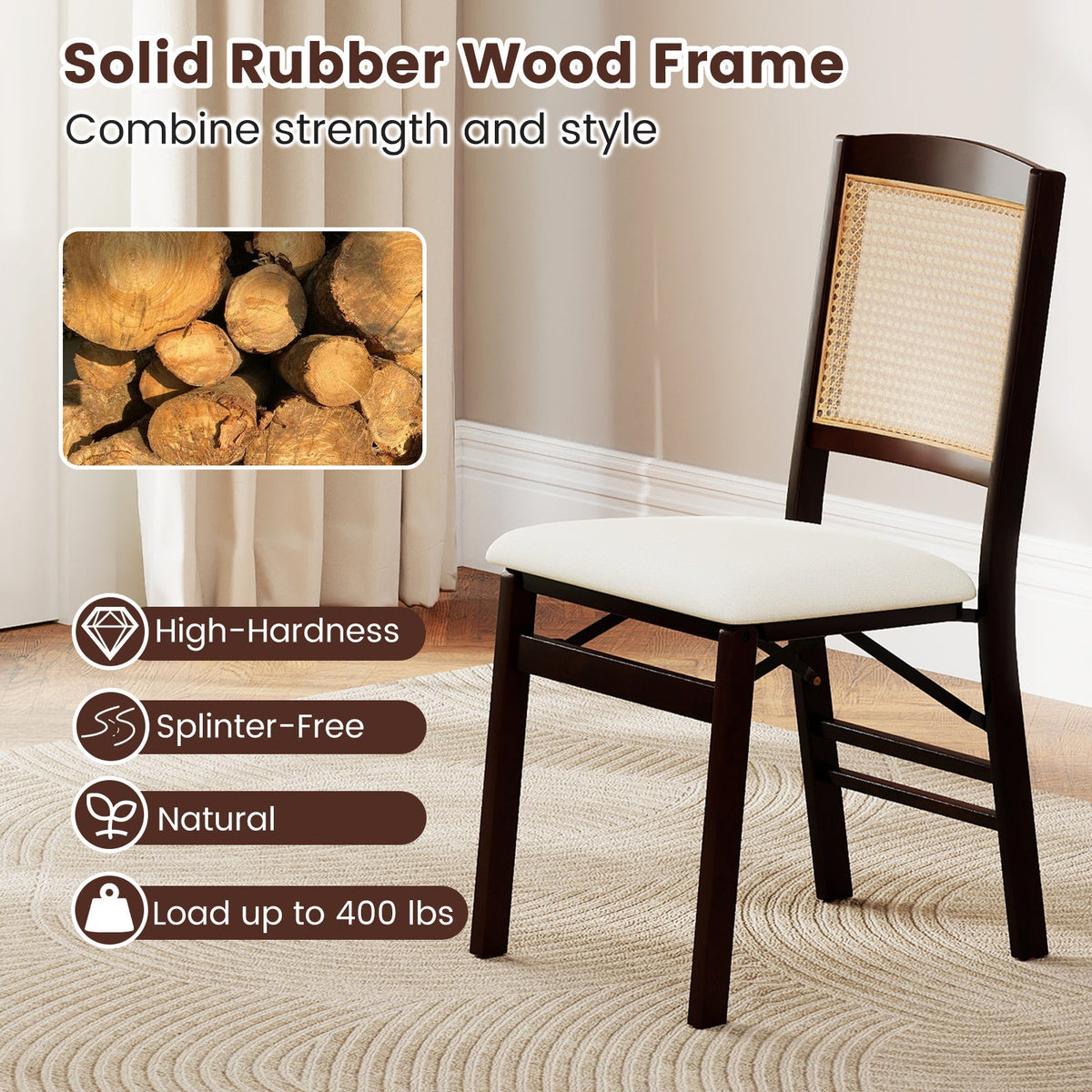 Folding Dining Chairs Set of 4 Rubber Wood Chairs with Linen Padded Seat