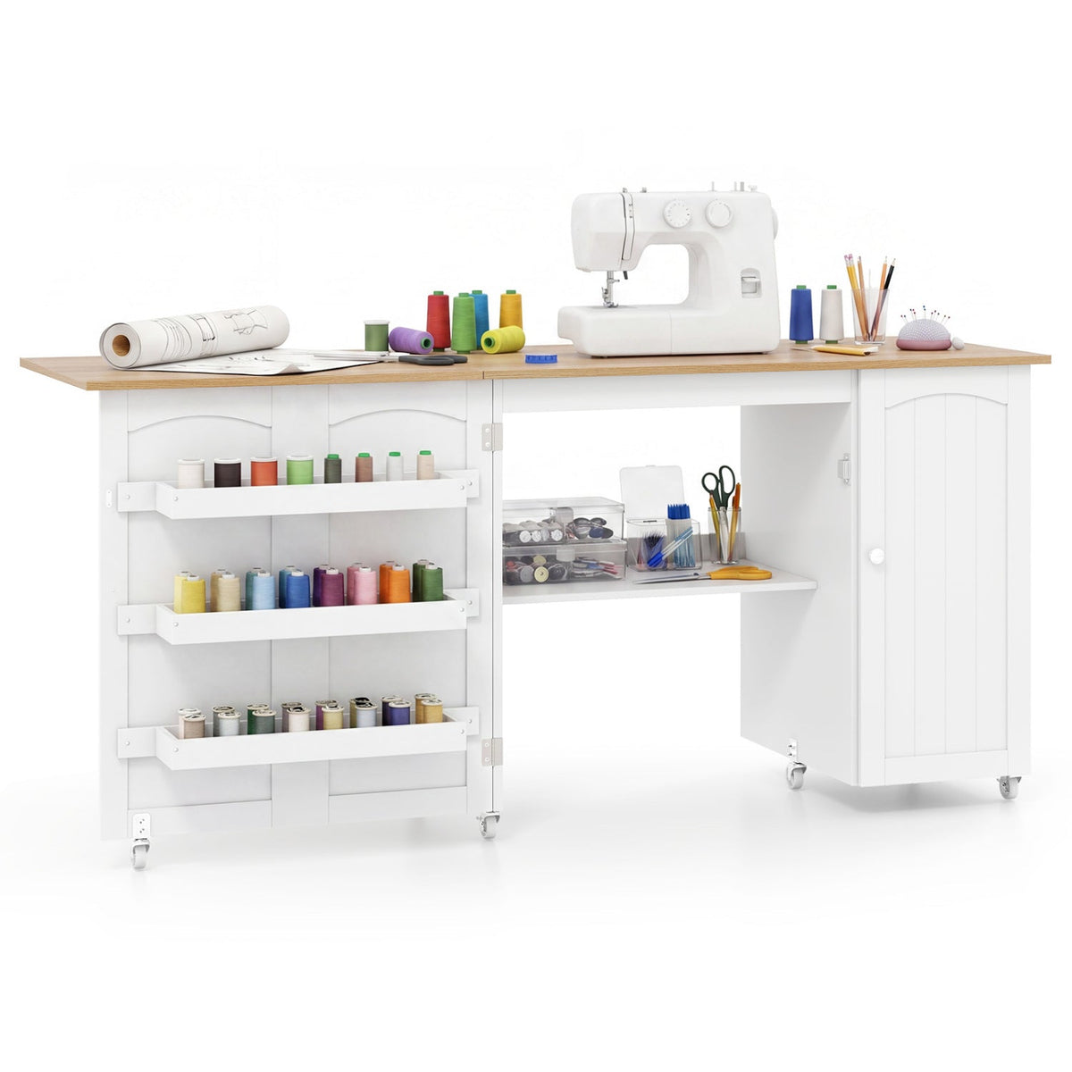 Folding Sewing Table Shelves Storage Cabinet Craft Cart with Wheels