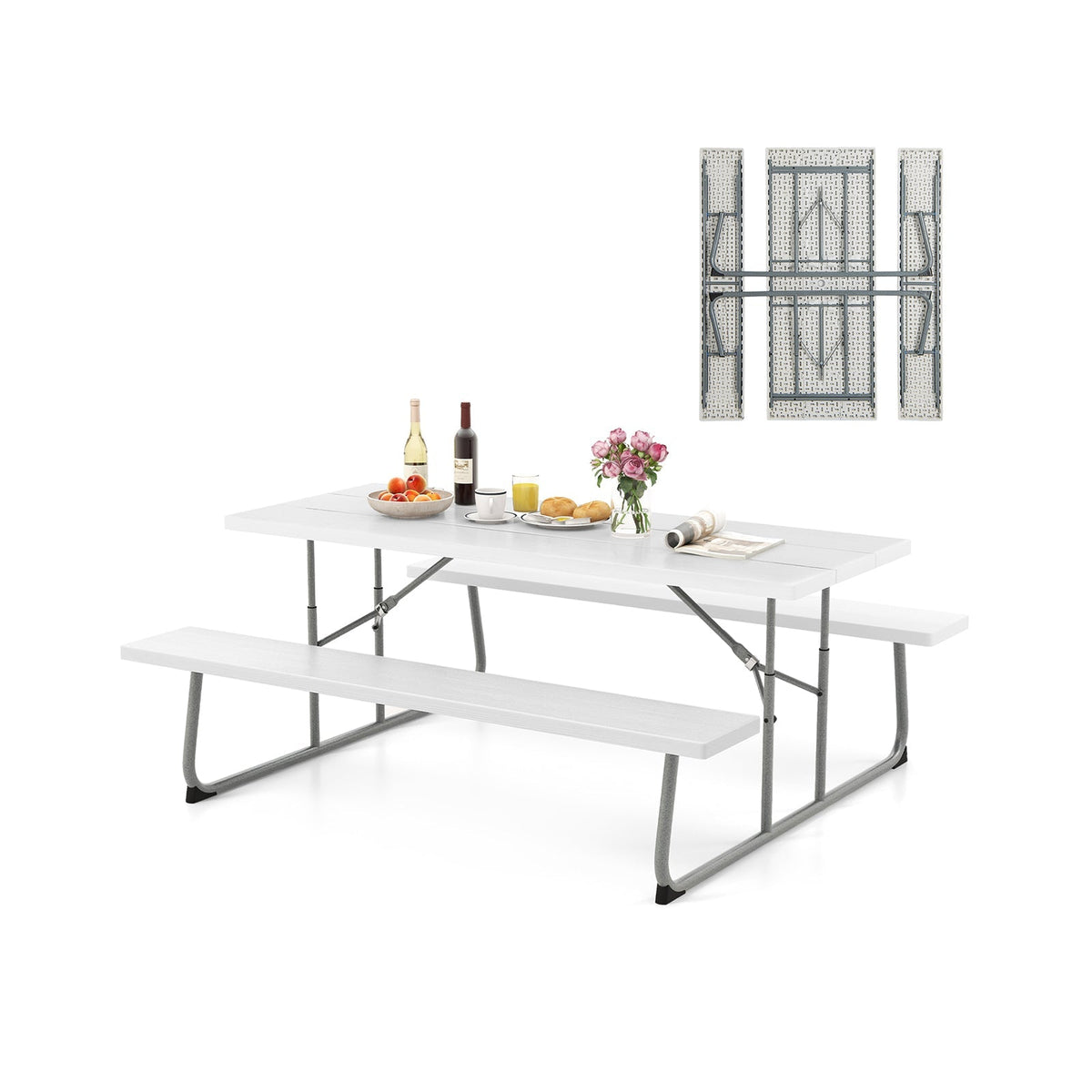 Folding Picnic Table Set with Metal Frame and All-Weather HDPE Tabletop Umbrella Hole