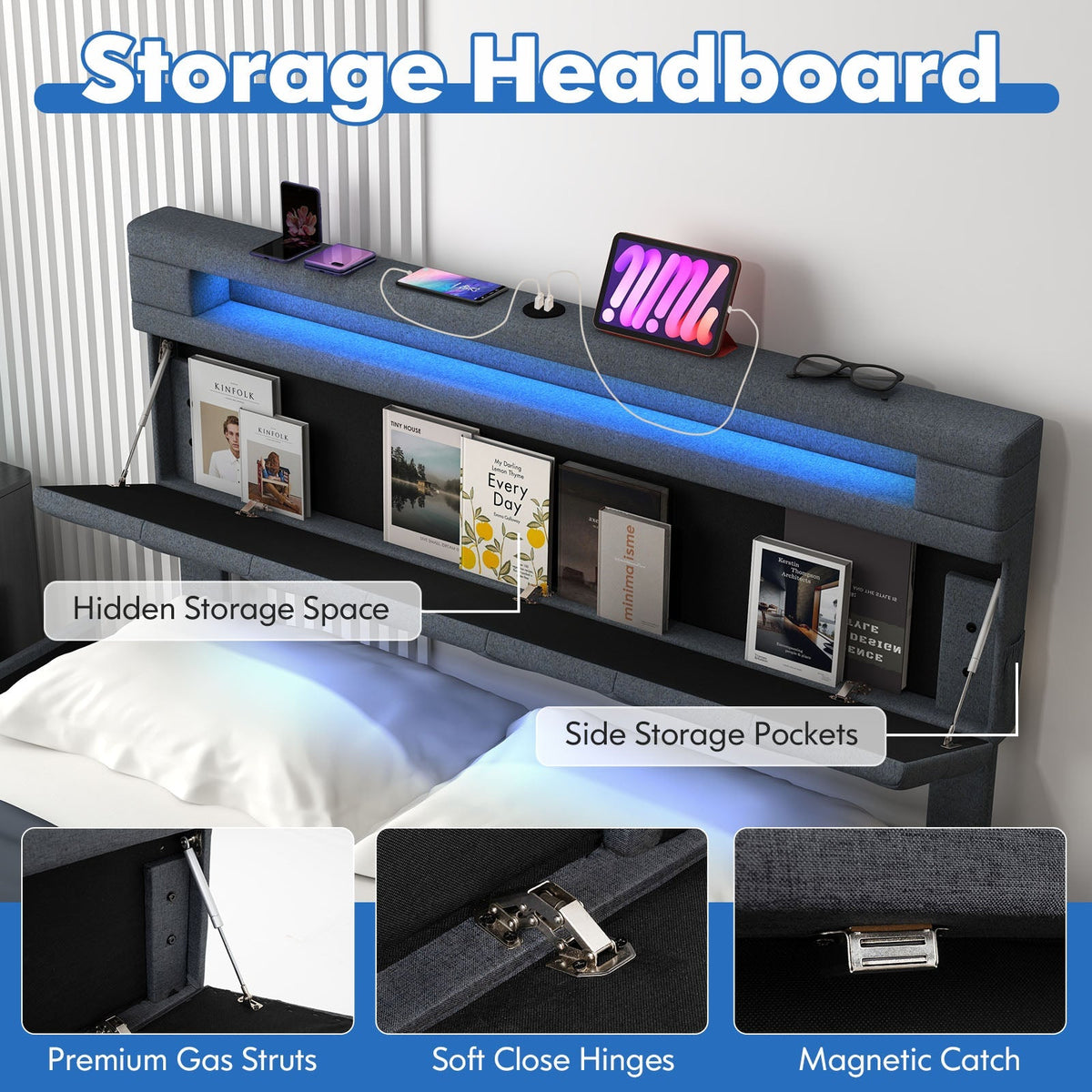 Full/Queen Size Bed Frame with Adjustable Storage Headboard and Wooden Slat Support