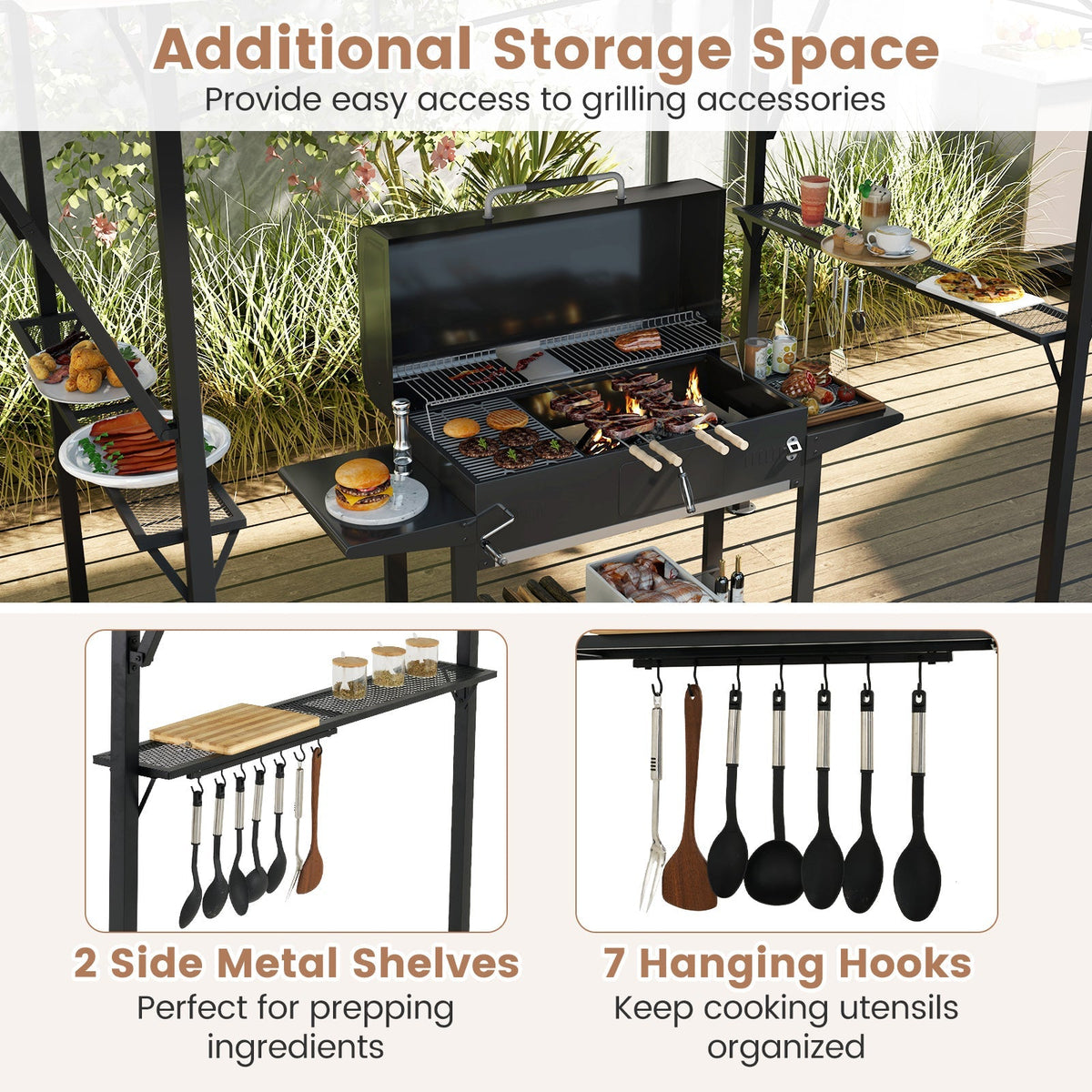 13 x 5 Feet Grill Gazebo with Dual Side Awnings and 2 Shelves Adjustable Shadow