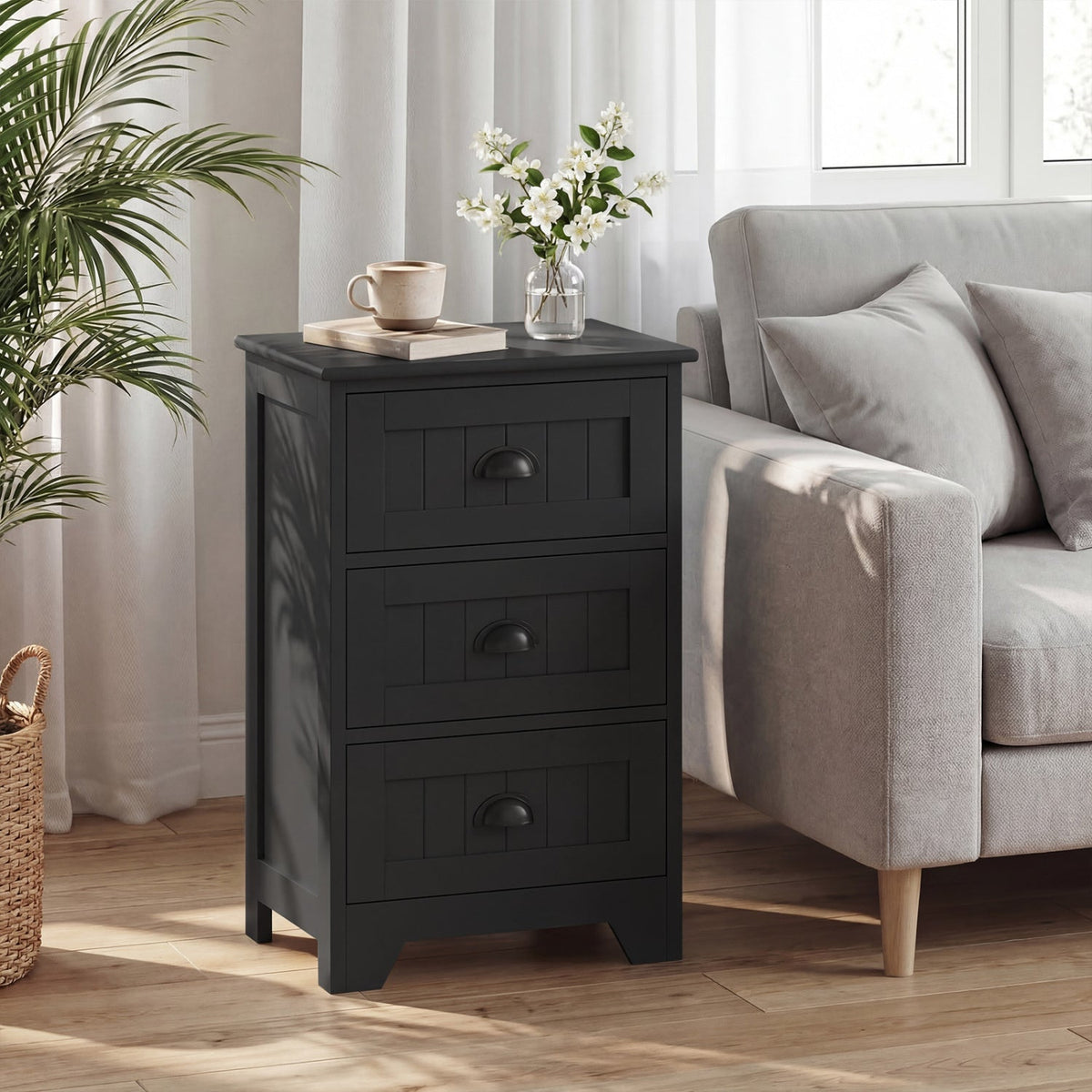 Farmhouse Nightstand with 3 Storage Drawers and Handles