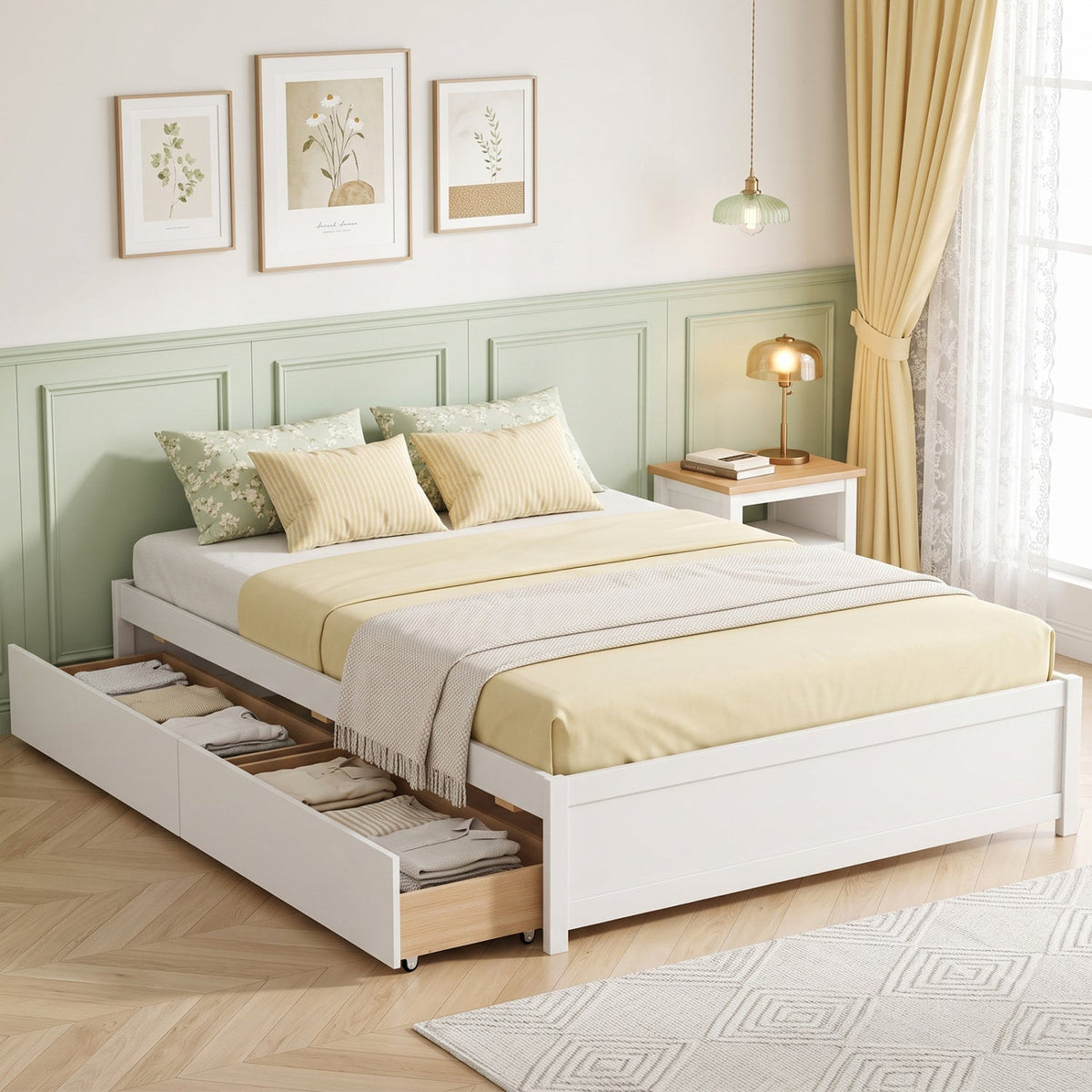Full Size Wooden Bed Frame with 2 Rolling Storage Drawers