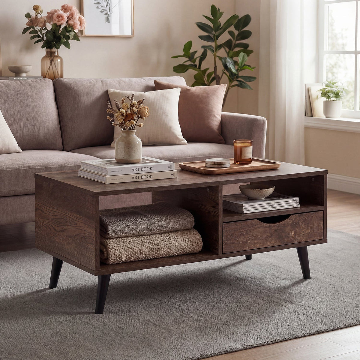 Coffee Table with Storage Rustic Rectangle Center Table