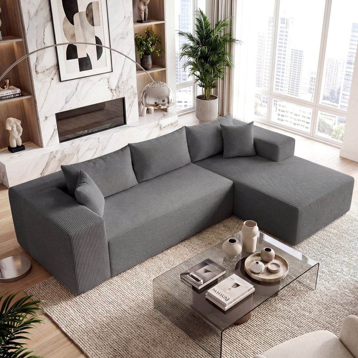 Modular Sectional Sofa Corduroy Upholstered L-shaped Sofa Couch with Deep Seats