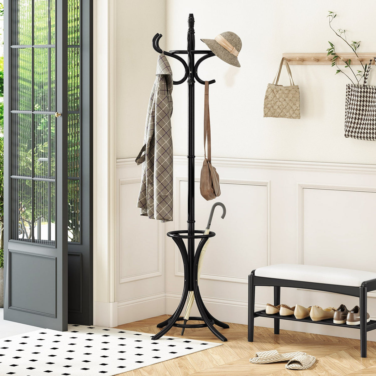 Wood Standing Hat Coat Rack with Umbrella Stand