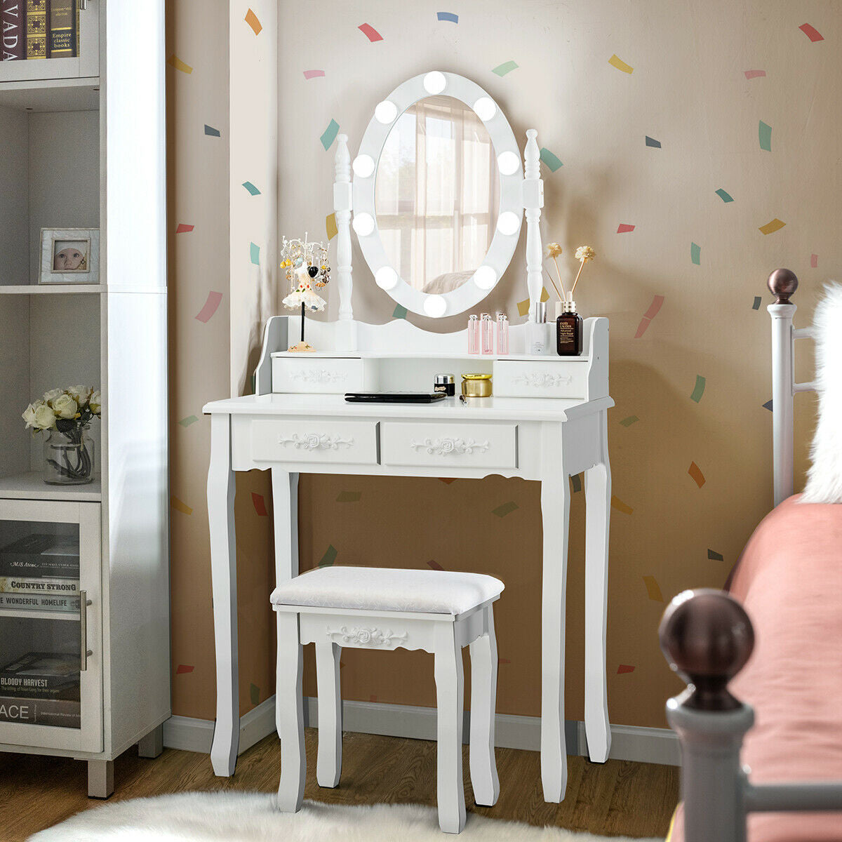 Makeup Dressing Table with Touch Switch Lighted Mirror and Cushioned Stool