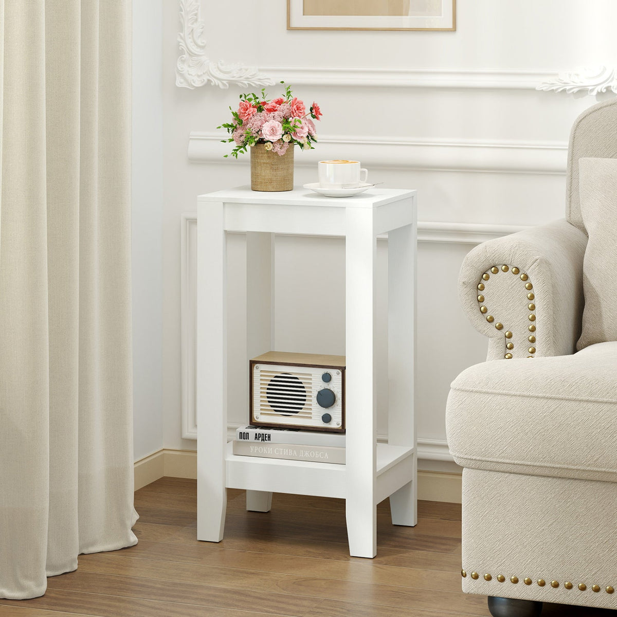 2-Tier Nightstand End Side Wooden Legs Table for Bedroom