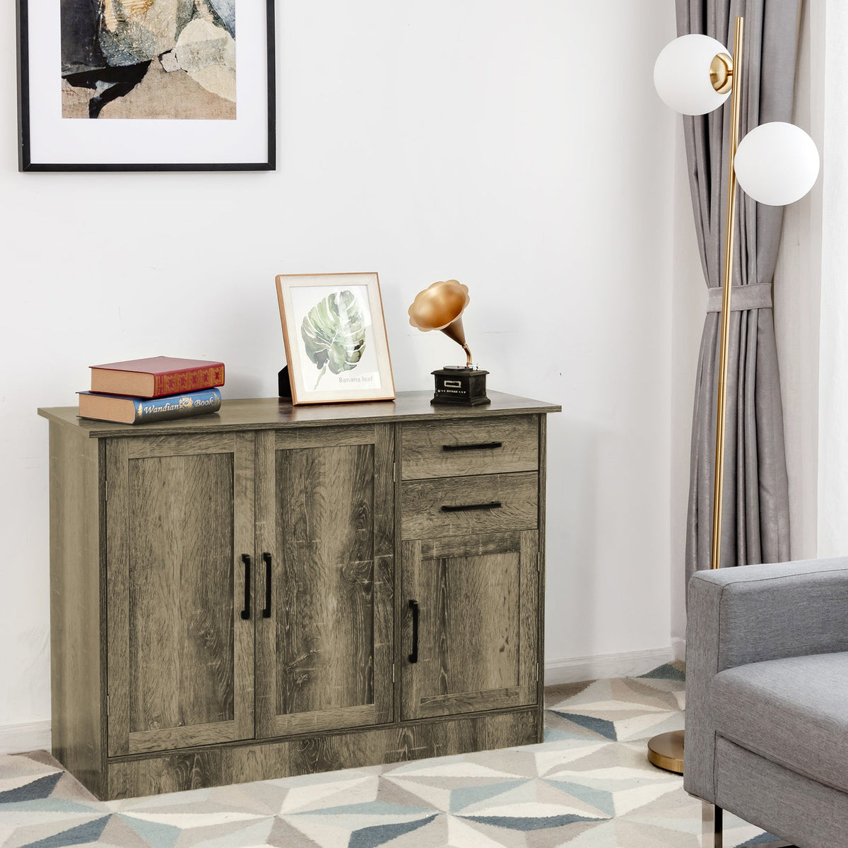 Buffet Storage Cabinet Kitchen Sideboard with 2 Drawers-Gray