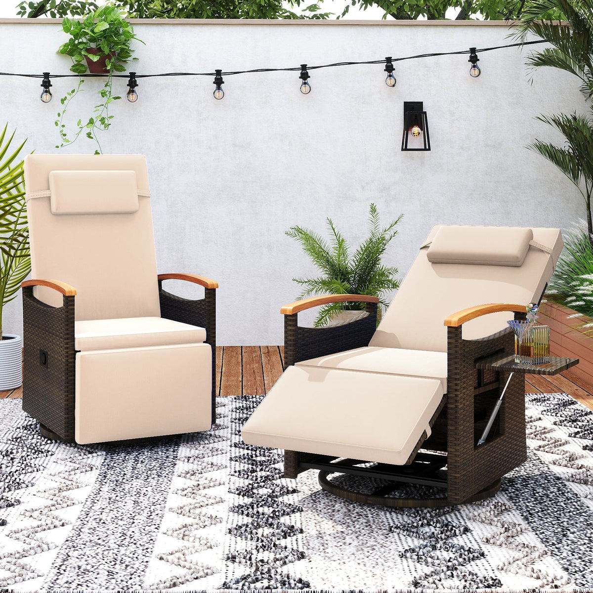 Patio Rattan 360° Swivel Recliner Chair with Adjustable Backrest and Footrest