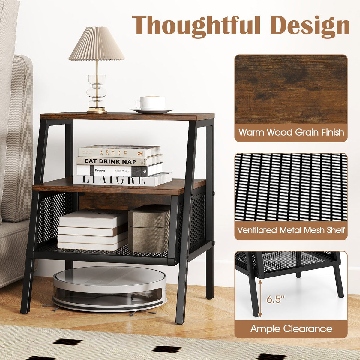 Industrial Nightstand 3-Tier End Table with 2 Open Shelves and Metal Mesh Compartment-Rustic Brown