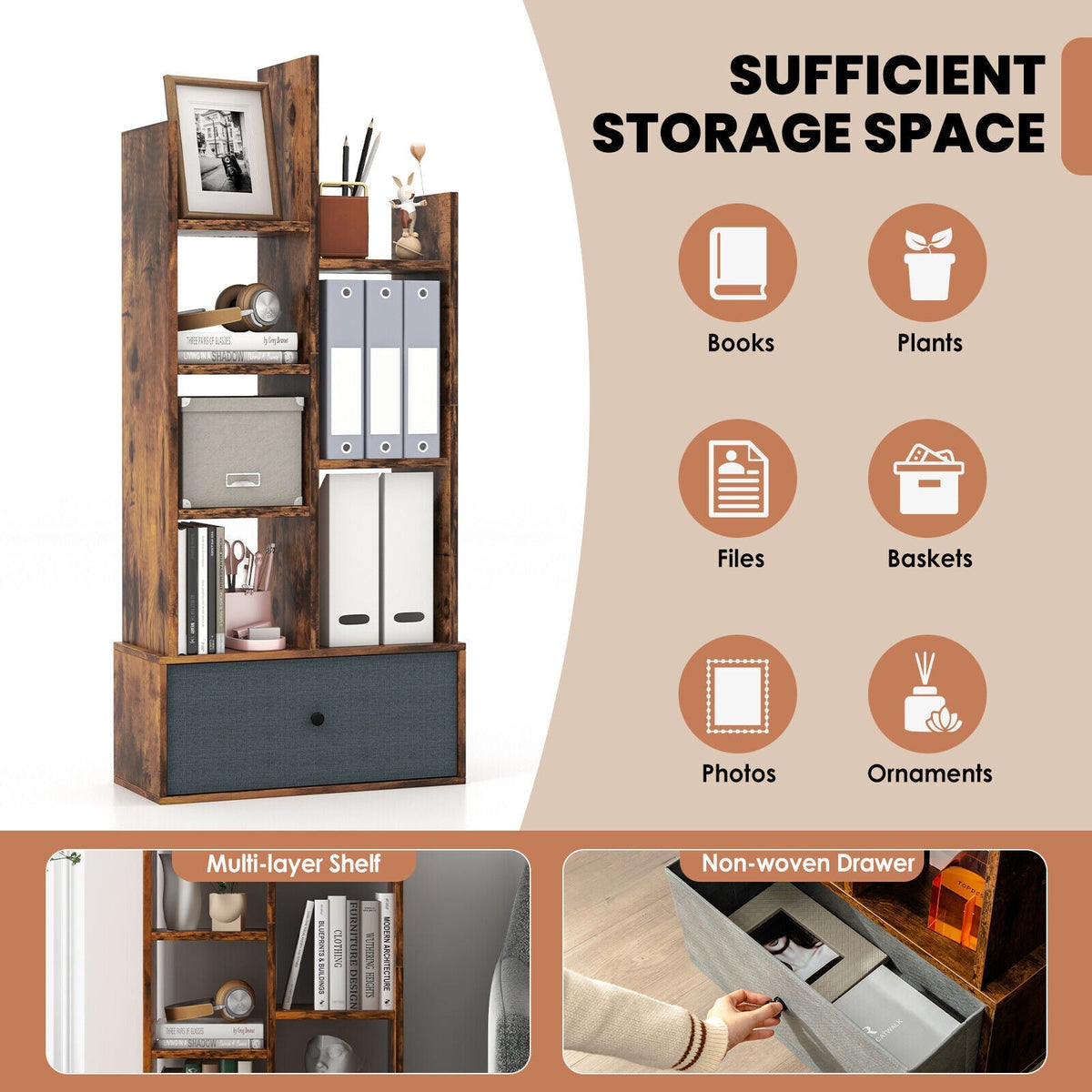 7-Tier Open-Back Bookshelf with Drawer