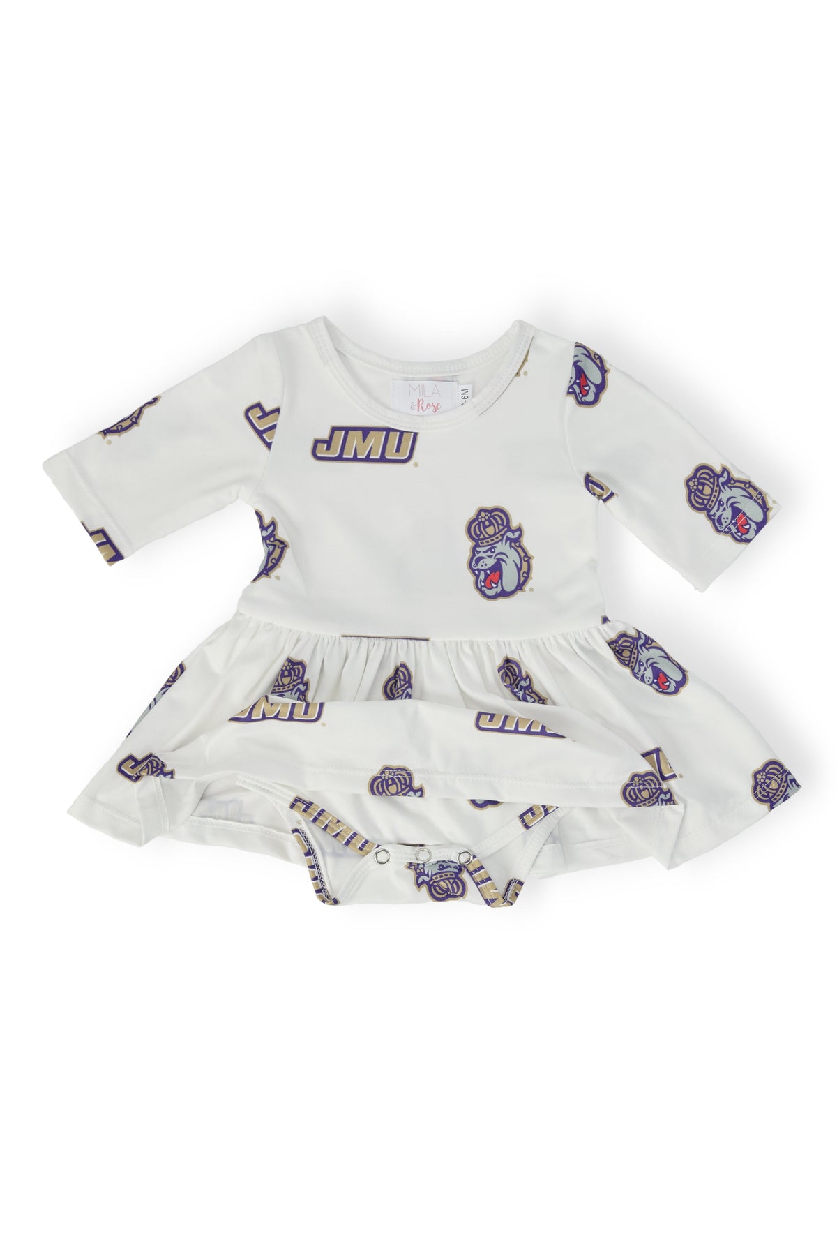 JMU White Duke Dog 3/4 Sleeve Twirl Bodysuit