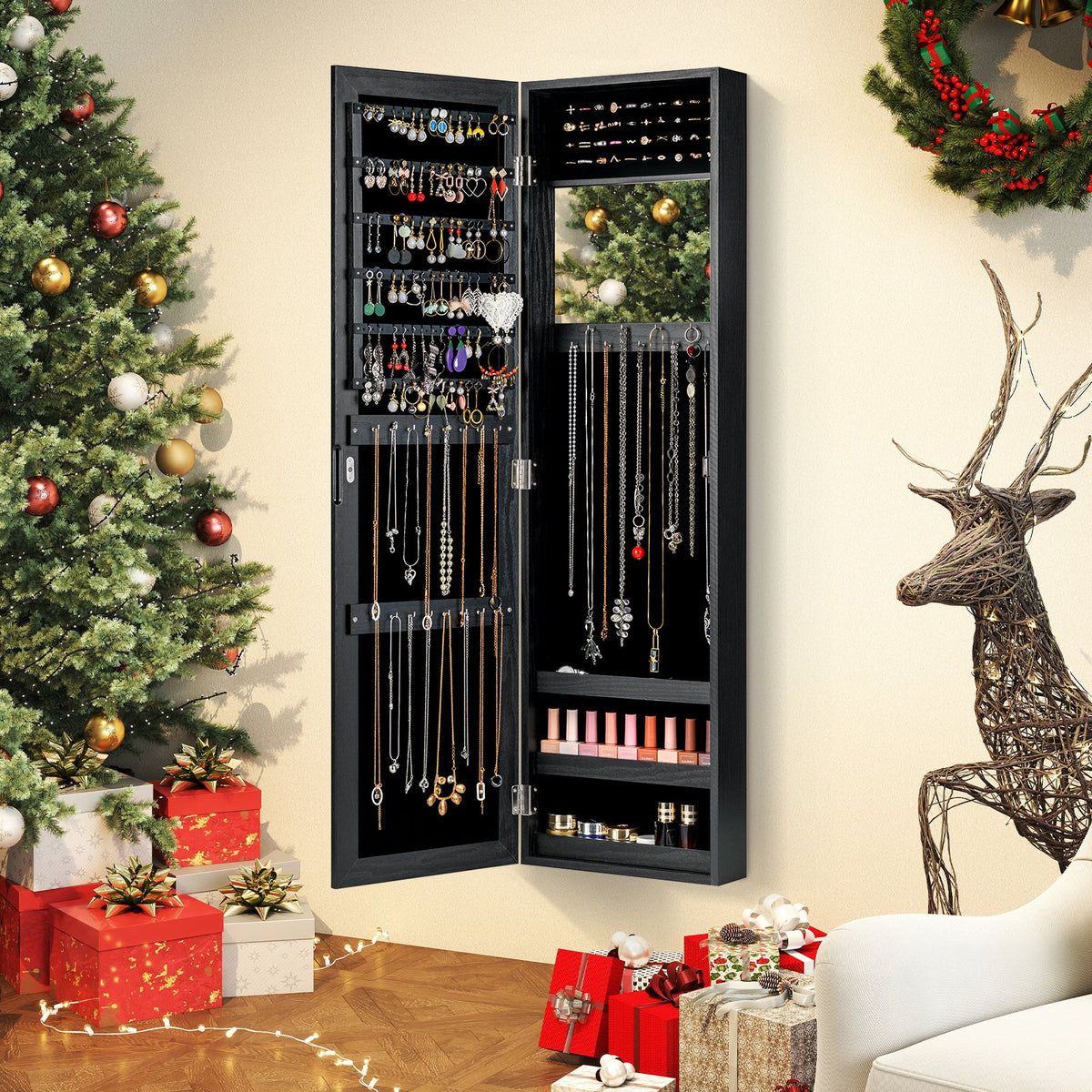 Full Length Mirror Jewelry Cabinet with Ring Slots and Necklace Hooks