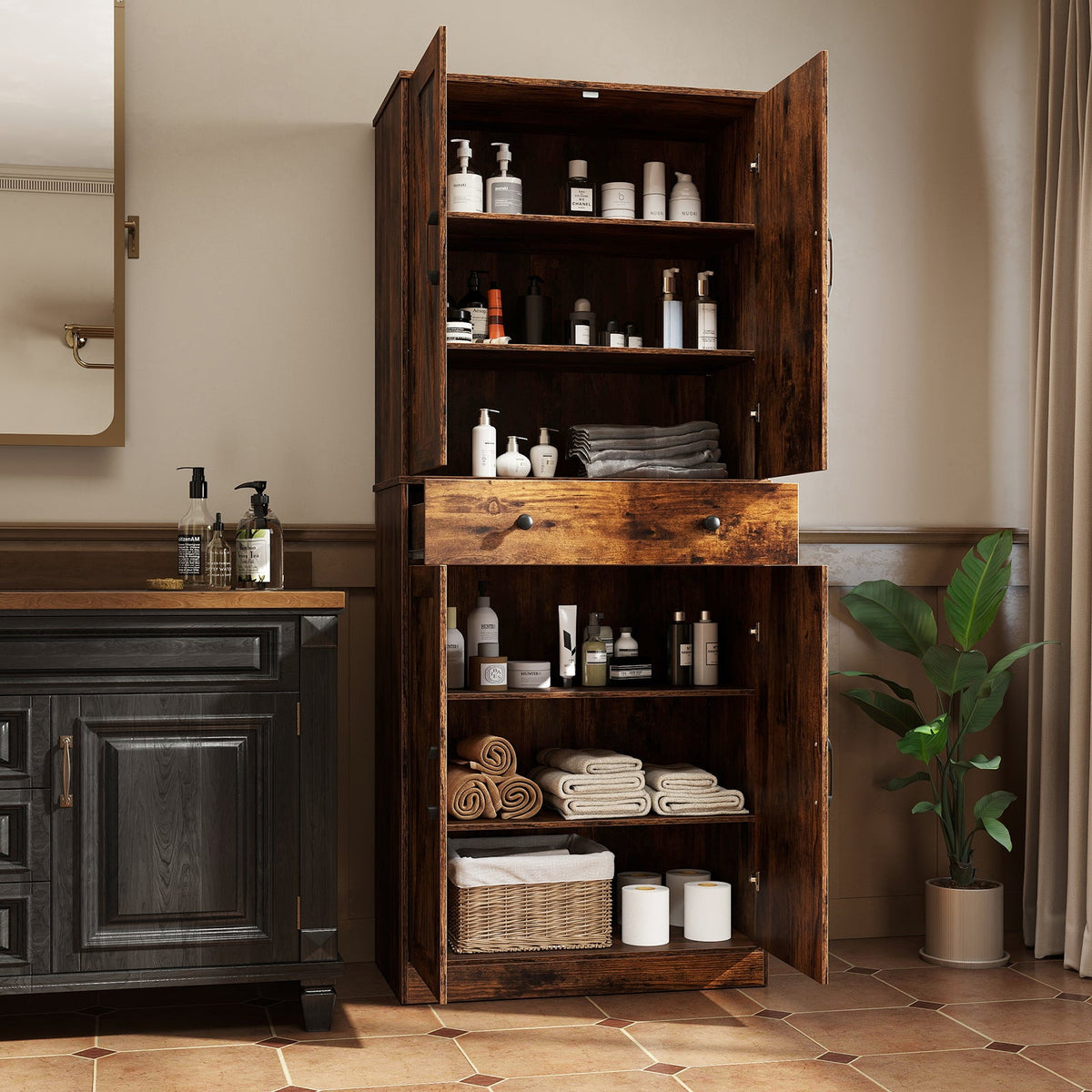 72 Inch Tall Modern Farmhouse Cupboard Cabinet with 4 Barn Doors