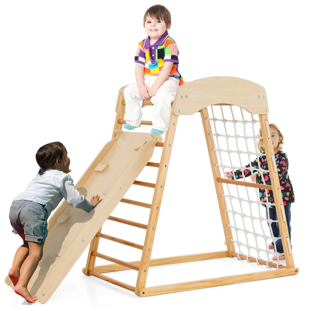 Parque Infantil de Madera 6 en 1 con Rampa de Doble Cara y Barras de Mono