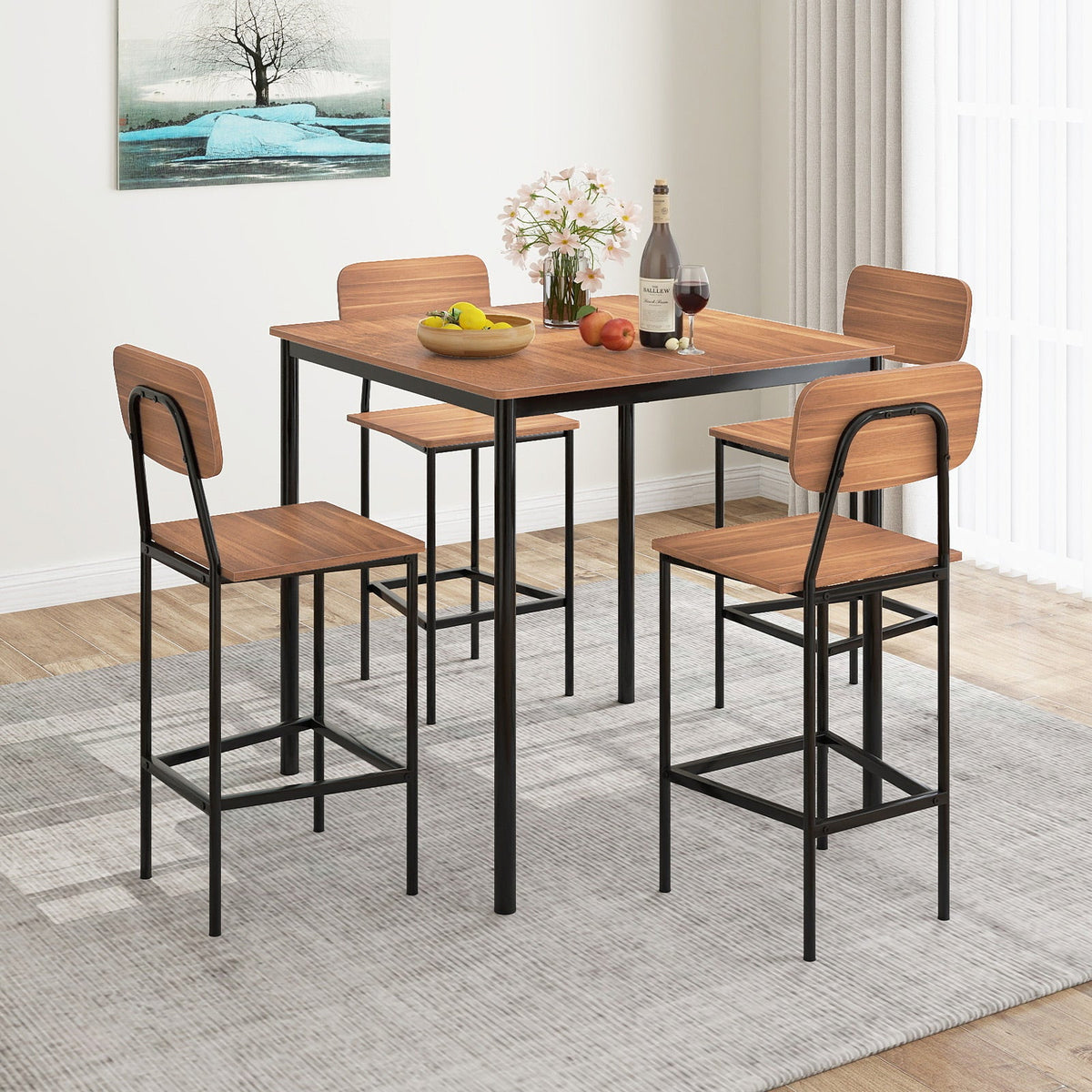 5 Pieces Industrial Dining Table Set with Counter Height Table and 4 Bar Stools-Coffee
