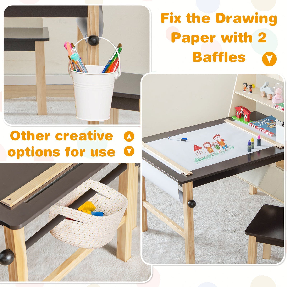 Mesa y Sillas de Arte para Niños con Rollo de Papel y Cestas de Almacenamiento - Café