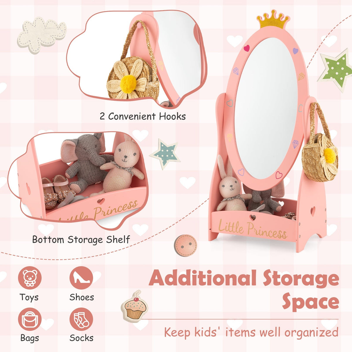 Espejo de cuerpo entero para niños con diseño giratorio de 360 grados y estante - Rosa