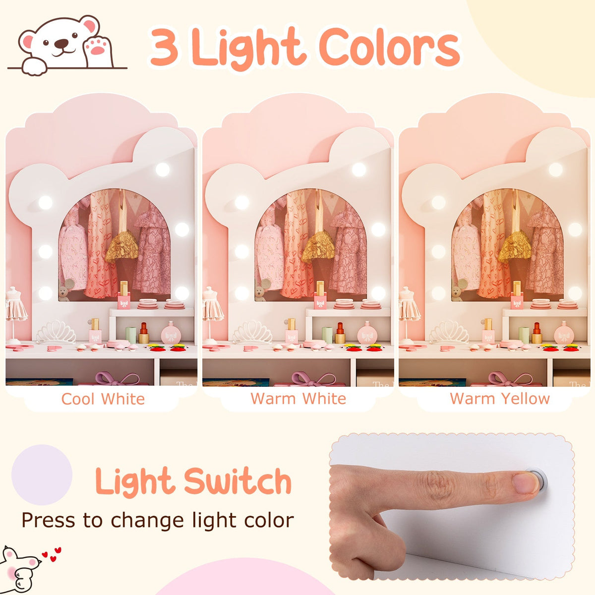 Kids Vanity with Lights and 5 Drawers for Kids Aged 3+ Years Old