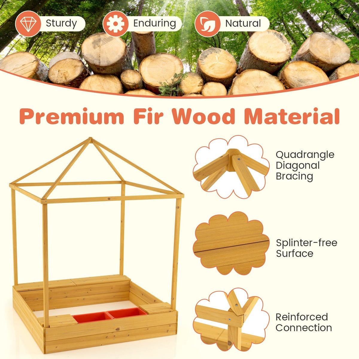 Kids Wooden Sandbox with Canopy Large Sand Pit with Mesh Windows and Bottom Liner-Multicolor