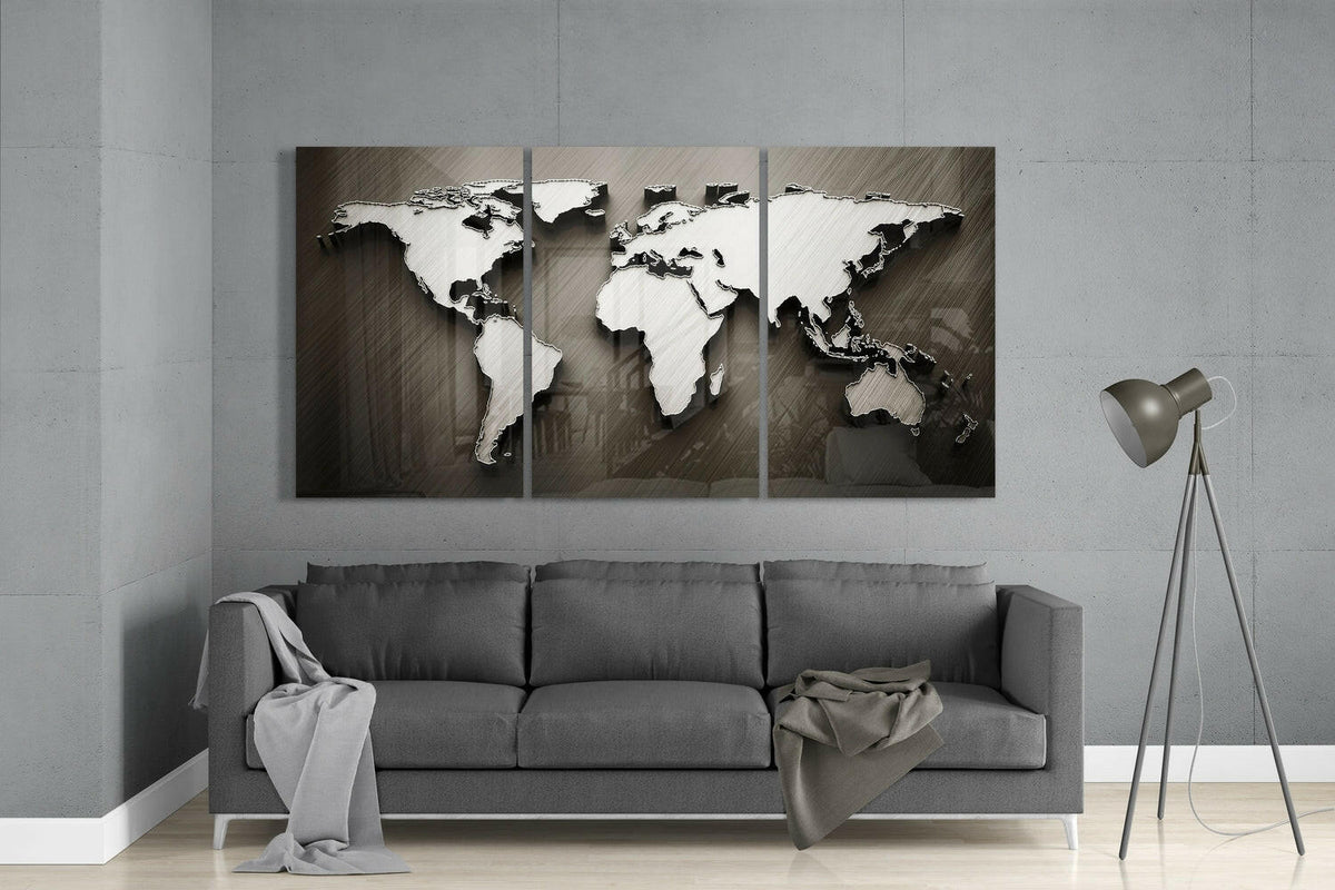 Bronze World Map Triptych Glass Wall Art