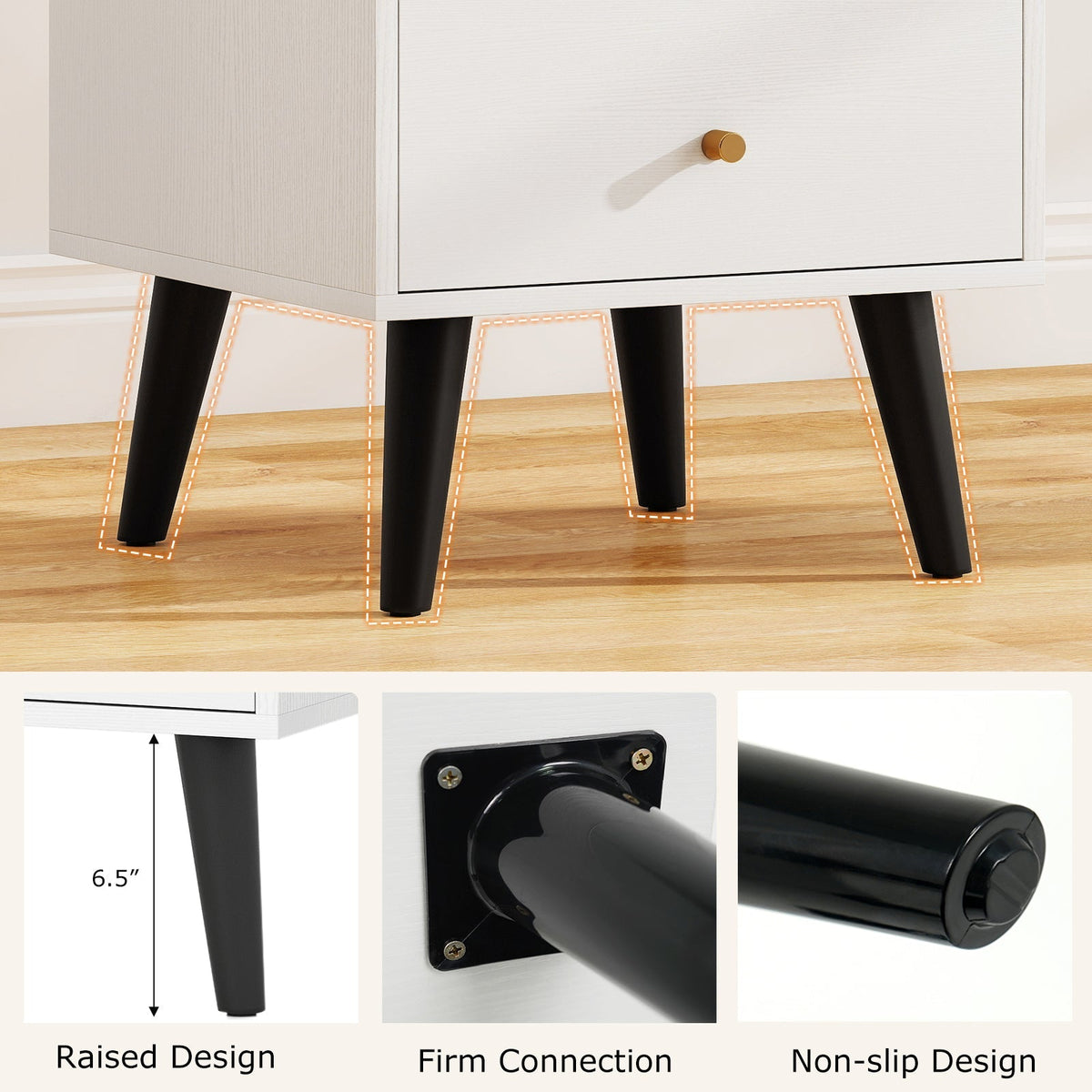 Mid Century Modern Bedside Table Nightstand with Golden Knobs and Raised Support Legs-White