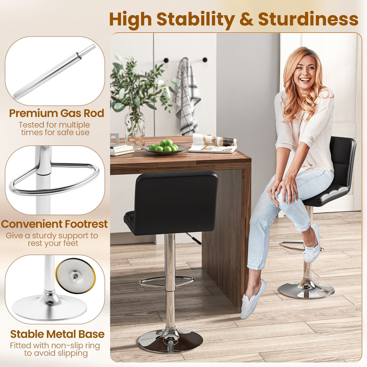 Modern Bat Stools Set of 2 with Back and Heavy-duty Metal Base and Footrest